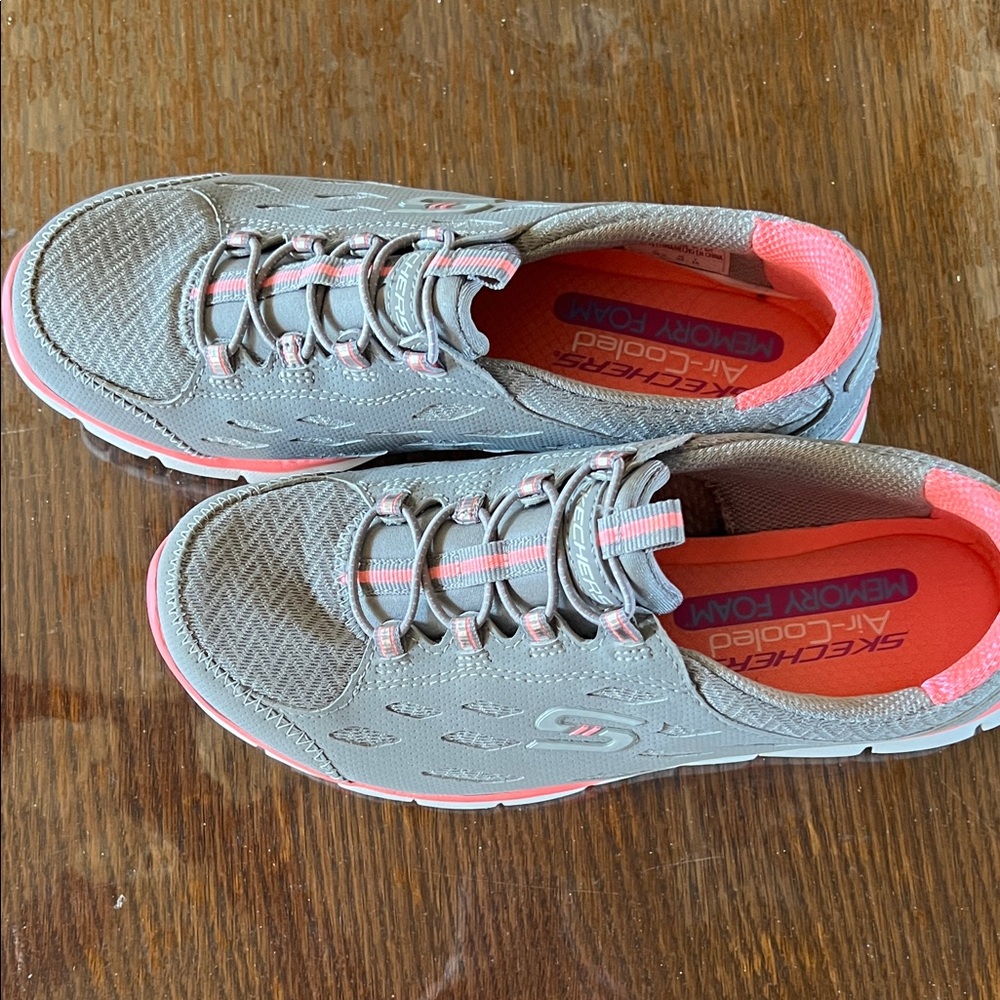 Skechers Women's Sporty Gray and Coral Sneakers - Picture 4 of 5